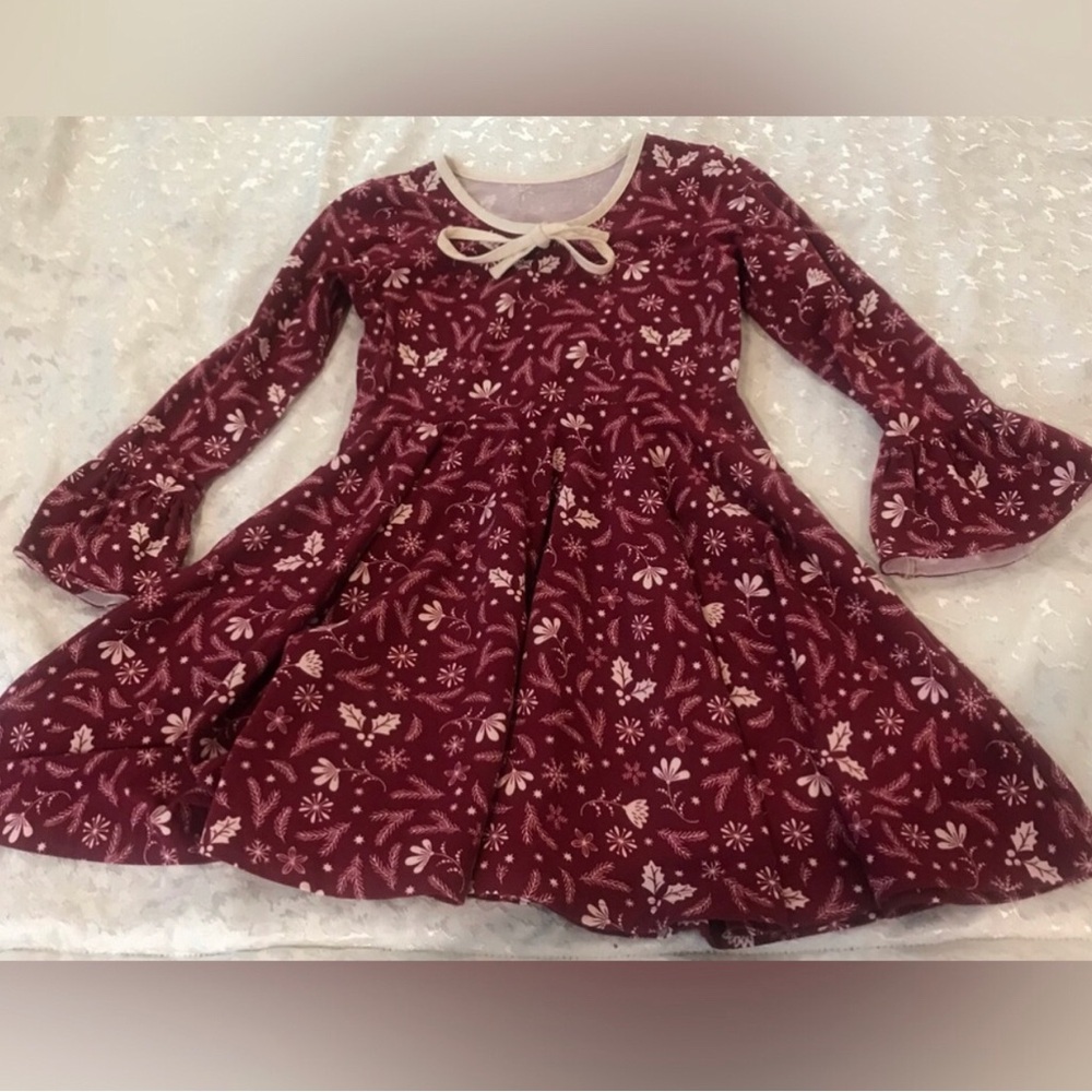 Eleanor Rose Girls' Burgundy Floral Long-Sleeve Dress with Bow Trim size 10
